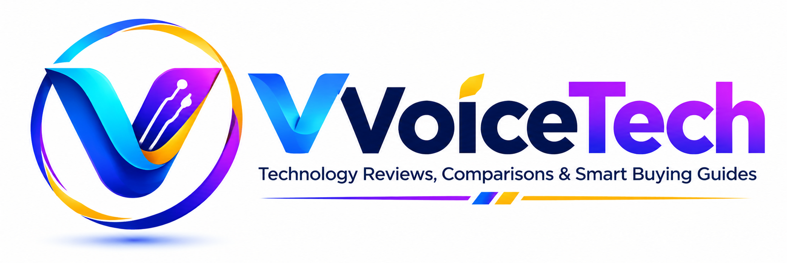 VVoiceTech logo with modern technology V icon for smartphone reviews, comparisons and smart buying guides